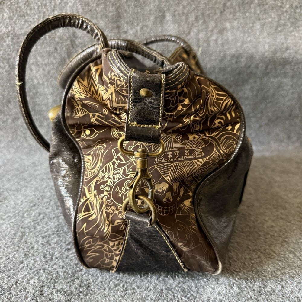 Y2k Ed Hardy 7820 Melrose Brown Studded Satchel Top Handle Bag Graphic Print - Picture 6 of 13